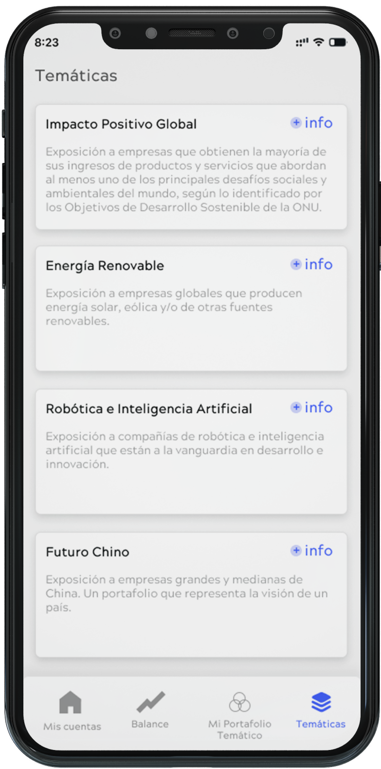 Imagen de celular inteligente con la interfaz de la App de Insights: Portafolios temáticos